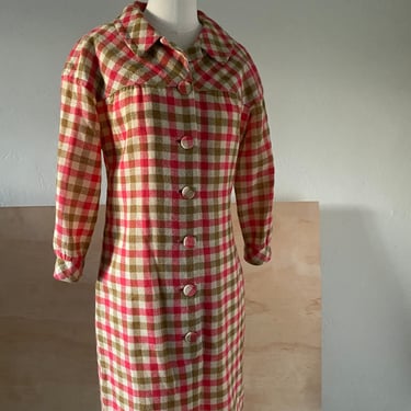 Vintage 60s Abstract Checkerboard Wool Shift Dress with Peter Pan Collar; 60s Justin McCarty Plaid Holiday Dress 