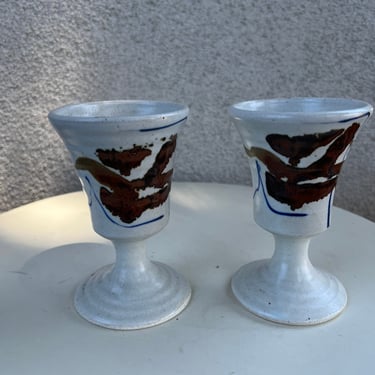 Vintage boho studio art pottery small wine goblets set 2 beige brown blue 