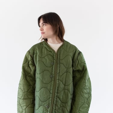 Vintage Green Liner Jacket | Unisex Wavy Quilted Nylon Coat | XL | LI286 