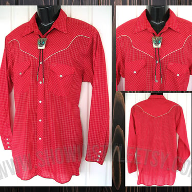 Ely Plains Vintage Western Men's Cowboy & Rodeo Shirt, Red and White Checked, Made in U.S.A., 16.5-34, Approx. Large (see meas. photo) 