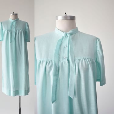 Vintage 1970s Soft Linen Day Dress / Vintage Smock Dress / Pale Blue Smock Dress / Vintage Rosemarys Baby Dress 