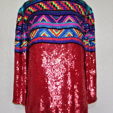 Vintage 1990s Jeet Sequin Silk Top, Medium/Large Women, multicolor sequins, evening tunic top 
