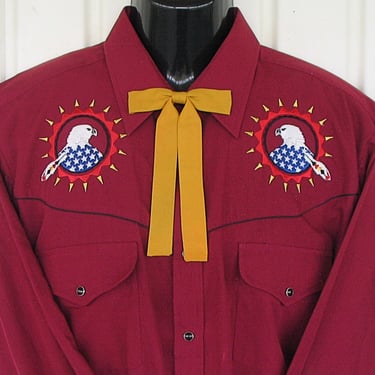 Vintage Western Men's Cowboy and Rodeo Shirt by Rock Creek, Rockabilly, Burgundy with Embroidered Eagles, Tag Size Large (see meas. photo) 