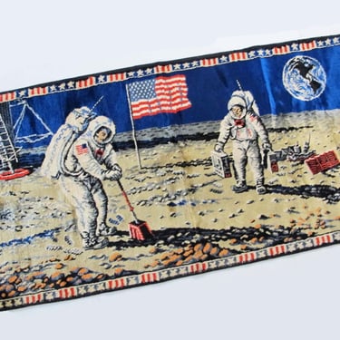 Vintage 1960s Apollo 11 Moon Landing Tapestry Art 19x38 - Space Astronaut NASA Kitchy Astronomy Science Gift For Friend 