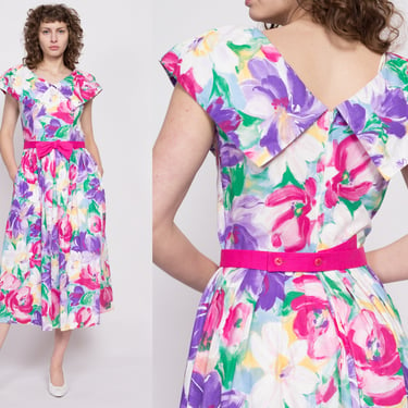 80s Lanz Watercolor Floral Fit & Flare Dress - Medium | Vintage Sailor Collar Retro Formal Pocket Midi Dress 