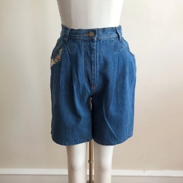 Pleated Blue Denim Shorts with Cherub Appliqué - 1980s 