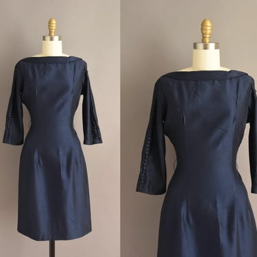 1950s dress | Classic Navy Blue Silk Cocktail Party Wiggle Dress | XS Small | 50s vintage dress 