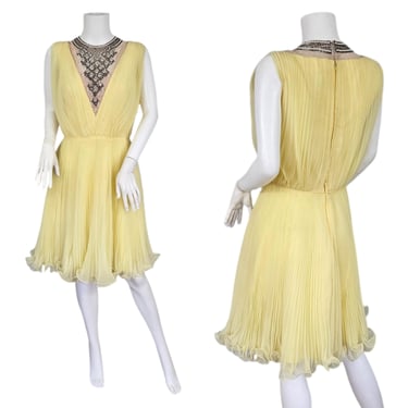 1960's Jack Bryan Lemon Yellow Pleated Chiffon Beaded Mini Dress I Sz Med 