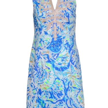 Lilly Pulitzer - Blue &amp; Green Coral Print Shift Dress w/ Coral Embellishment Sz 4