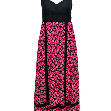 Anna Sui - Black &amp; Pink Cherry Blossom Print Maxi Dress w/ Cherry Embroidery Sz S