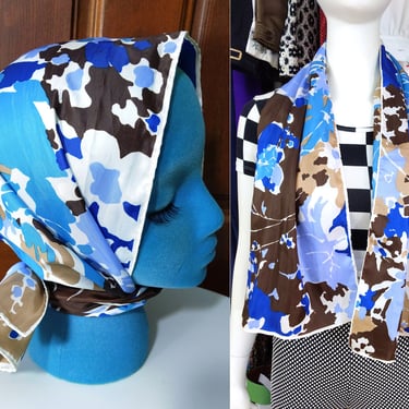 Lovely Vintage 60s 70s Blue Brown White Floral Long Rain Scarf by Totes 