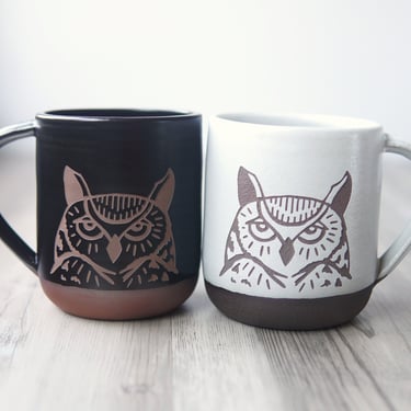 Owl Mug - Great Horned Owl Farmhouse style handmade pottery 