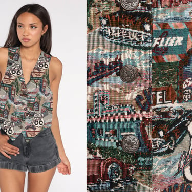 Route 66 Vest 90s Button Up Tapestry Vest Travel Hollywood Classic Car Cactus Top Sleeveless Blouse Novelty Print Vintage 1990s Small S 