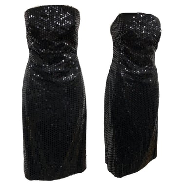 Vtg Vintage 1980s 80s Glam Disco Strapless Designer Black Sequin Cocktail Dress 