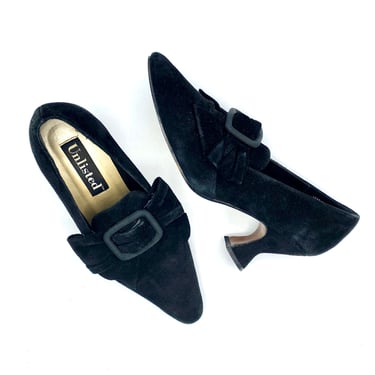 Vintage 1990s Black Suede Pumps, 90s New Romantic Unlisted High Heels Pointed Toe, Louis XIV Shoes, Size 8 US 