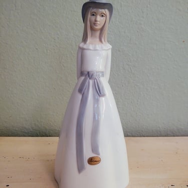 1990's Vintage Porceval Woman Figurine White Dress Blue Hat Made in Spain 