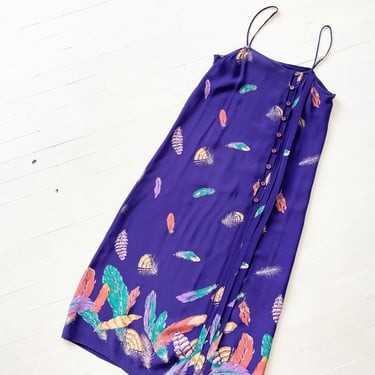 1980s Purple Feather Print Dress 