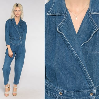 80s Denim Jumpsuit Tapered Pants Jean Romper Pantsuit Wrap V Neck Vintage Long Sleeve High Waisted 1980s Button Up Blue Small S 