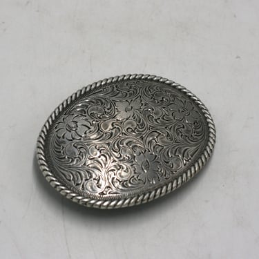 vintage Oval Silver Tone Belt Buckle with Floral Scrolls 