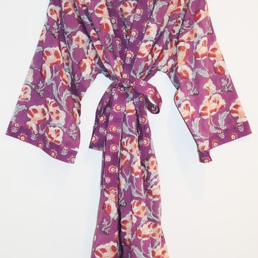 Hand Block Printed Cotton Kimono Robe, Lightweight Cotton Bathrobe, Summer Kimono, Wood Block Print, Midi Length Robe, Floral Kimono Robe 