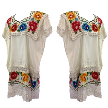 Vtg Vintage 1970s 70s Floral Embroidered Mexican Pintuck Tunic Dress With Lace 