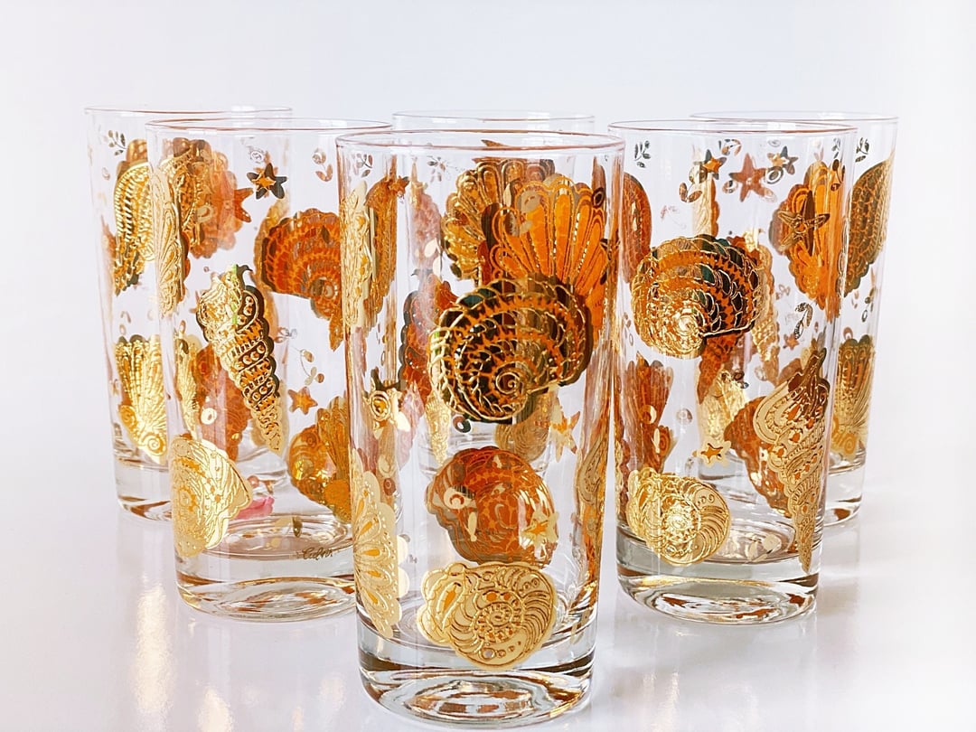 Culver glassware Gold on orange Seashell glasses, Highball cocktail Mid ...