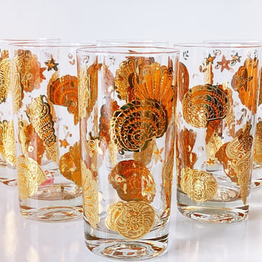 Culver glassware Gold on orange Seashell glasses, Highball cocktail Mid century barware gifts, Tropical beach house bar cart, coastal decor 