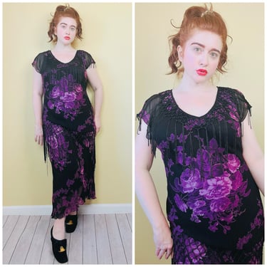 1990s Vintage Rayon Purple and Black Witchy Bias Cut Dress / 90s Fringe / Fringe Rose Floral Wiggle Maxi / Size Large - XL 