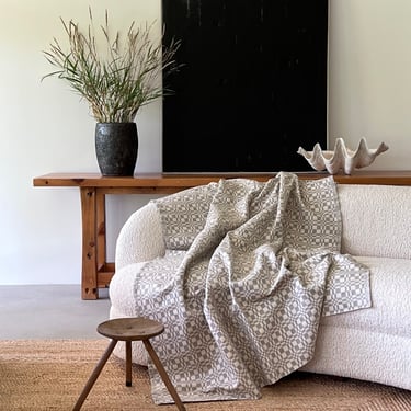 Vintage Cream Grey Patterned Throw Blanket | Cotton Blend Checkerboard Coverlet | 60" x 80" | BL108 