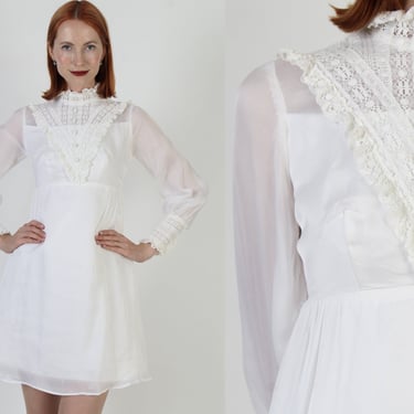 60s White Lace Wedding Dress, Bridal Party Sheer Puff Sleeves, Vintage Solid Color Plain Mini Gown 