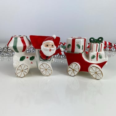 Napco "Merry Christmas Locomotive with Santa Claus Candle Holder" Napco Original Dated 1959, Kitschy Christmas Santa Claus Train, Red Green 