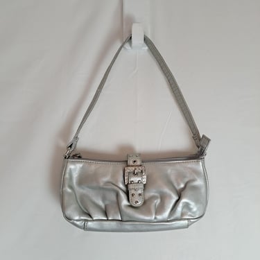 Vintage 2000s / Y2K Metallic Silver Pleather Shoulder Purse 