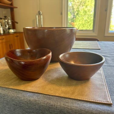 Vintage Hand Turned Walnut or Afromosia Wood Bowl Trio 