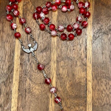 Vintage Red Glass Round Beaded Rosary Dove Holy Spirit Come Enlighten Me Retro 