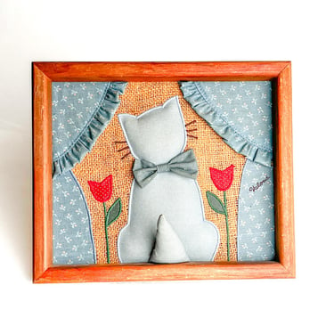 1980s Folk Art Applique Cat Picture