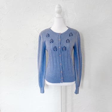90s Fuzzy Knit Pointelle Floral Light Blue Cardigan | Small/Medium 