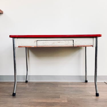 Vintage White + Red Enamel Kitchen Table | 1950s Metal Kitchen Table | Mid Century | Enamel | 2 Seater | Enamel Desk with Drawer Porcelain 