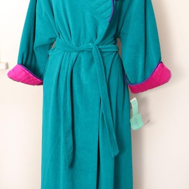 NEW TAGS Vanity Fair Robe Teal Green & Pink 1980's Vintage New Old Stock Belted Tie House Coat Fuchsia pink XL, Lingerie Pajama Sleep wear 
