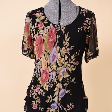 Black Bias Cut Floral Top By Lola P, S/M