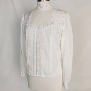 White 70s Victorian Edwardian Inspired Blouse // Lace Collar Puffed Sleeves Shirt 