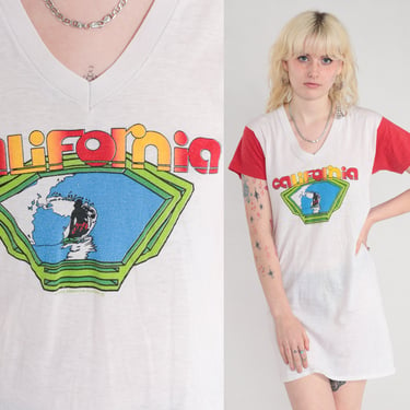 California TShirt Dress 80s Surfer T-Shirt Sleep Mini Beach Surf Graphic Tee Retro Cover Up Burnout Semi Sheer Vintage 1980s Small Medium 