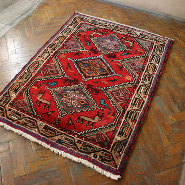 Vintage Turkish Red Violet Beige Rectangular Accent Rug Carpet Handwoven Intricate Retro Bohemian Boho Eclectic Mid Century Modern Oriental 