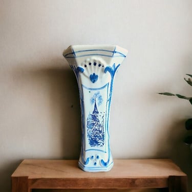 VINTAGE Delft Blue Church Vase with Waterfront Scene Blue and White Delft Church Scene Vase Classic Delft Blue Church Vase Delft Blue  Vase 
