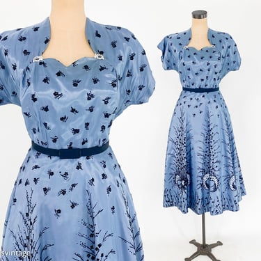 1940s Blue Taffeta Cocktail Dress | 40s Pewter Blue Border Print Party Dress | Large 