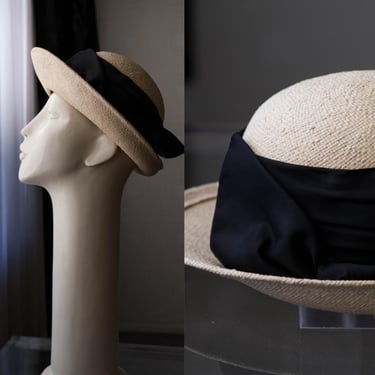 Vintage 40s Alex Wilson Natural Straw Fedora Sun Hat w/ Black Pleated Bow Headband | Flexible Brim | 1940s Designer Boho Straw Fedora 