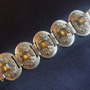 1930s Bracelet - Vintage 30s Czech Gold Tone Bracelet with Golden Yellow Glass Cabochons 
