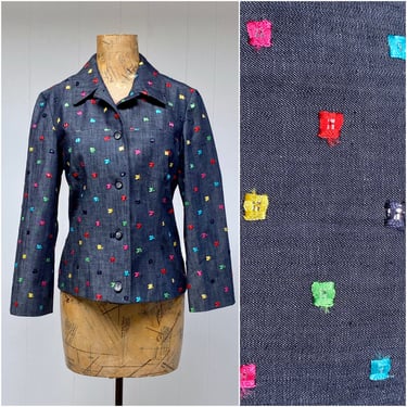 Vintage Bernard Zins Paris Cotton Jacket, Y2K Designer Sportswear, Embroidered Dark Wash, Small 