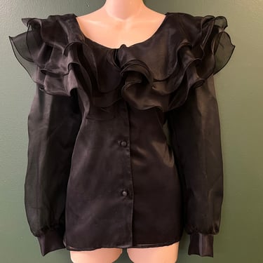 vintage ruffle blouse 1980s black romantic goth button down XL 