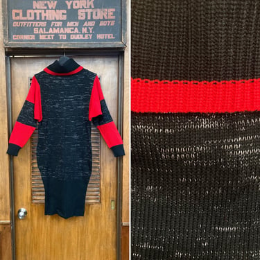Vintage 1980s Black & Red Knit New Wave Chunky Turtle Neck Heathered Sweater Dress, 1980s Dress, Vintage Sweater Dress, Vintage Knit Dress, 