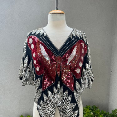 Vintage glam sequins butterfly top silver black red by Tan-CHHOOS silk 
